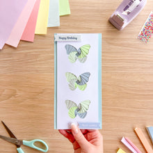 Load image into Gallery viewer, bluey-green triple butterfly iris folding card