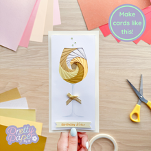 Load image into Gallery viewer, Gold iris fold wine glass card with printed stem