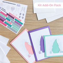 Load image into Gallery viewer, Greeting cards with envelopes, inserts and embellishments on a wooden surface, featuring 'Kit Add-On Pack' text.