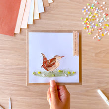 Load image into Gallery viewer, iris fold wren greeting card embellished with resin flowers and leaves and 'Happy Birthday' text