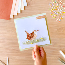 Load image into Gallery viewer, Iris fold wren greeting card on plae green cardwith Best Wishes greeting and white resin flowers.