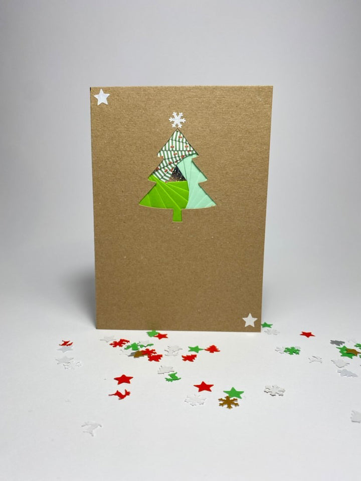 kraft card with small iris fold christmas tree