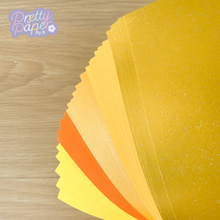 Load image into Gallery viewer, African Sunrise Paper Pack A5, 30 Sheets | Plain, Pearlised &amp; Sparkle Paper Pad | Gold Orange Yellow Craft Paper
