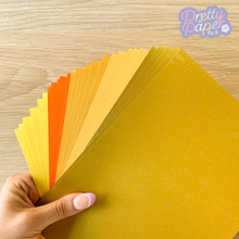 Load image into Gallery viewer, African Sunrise Paper Pack A5, 30 Sheets | Plain, Pearlised &amp; Sparkle Paper Pad | Gold Orange Yellow Craft Paper
