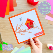 Load image into Gallery viewer, Iris Folded Autumn Bird House on Orange Card

