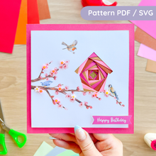 Load image into Gallery viewer, Bird house iris fold card made using an alternate colour guide with Happy Birthday greeting
