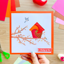 Load image into Gallery viewer, Iris fold bird house greeting card made using a spiral colour guide with 'Thinking of You' greeting
