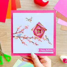 Load image into Gallery viewer, Alternate iris fold bird house in pink and gold
