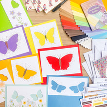Load image into Gallery viewer, British Butterflies Kit Contents arranged to show the card apertures, blanks, papers and embellishments
