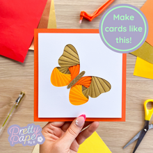 Load image into Gallery viewer, Butterfly Aperture Card Pack - iris fold butterfly on orange
