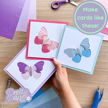 Load image into Gallery viewer, Butterfly Aperture Card (Pack of 3) | 3 x Square White Apertures, Cool Coloured Card Blanks &amp; White Envelopes
