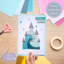 Load image into Gallery viewer, Make cards like this - iris folding castle on blue card with greeting &#39;Grandson - just for you&#39;
