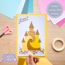 Load image into Gallery viewer, Make cards like this - iris folding castle on yellow card with &#39;happy birthday&#39; greeting
