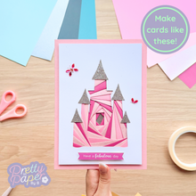 Load image into Gallery viewer, Make cards like this - iris folding castle on pink card with &#39;have a fabulous day&#39; greeting
