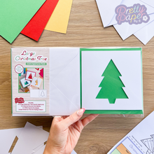 Load image into Gallery viewer, Christmas Tree Aperture Card Pack makes three iris fold Christmas cards
