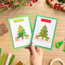 Load image into Gallery viewer, Two iris fold Christmas Tree cards with green borders and Christmas sentiments
