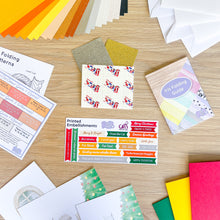 Load image into Gallery viewer, Collection of card-making supplies including patterned paper, stickers, and a guide on a wooden surface.
