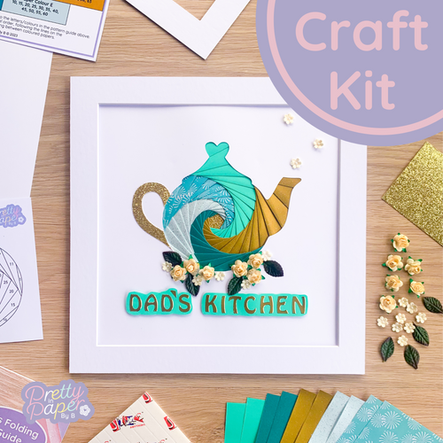 Create your own iris fold tea pot wall art in turquoise green and gold