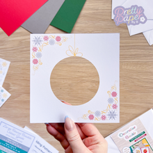 Load image into Gallery viewer, Decorative Bauble Aperture Card (Pack of 3) | 3 x Square White Decorated Round Apertures, Coloured Card Blanks &amp; White Envelopes
