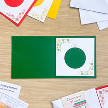 Load image into Gallery viewer, *New Revised Edition* Decorative Bauble Aperture Card (Pack of 3) | 3 x Square White Decorated Round Apertures, Coloured Card Blanks &amp; White Envelopes
