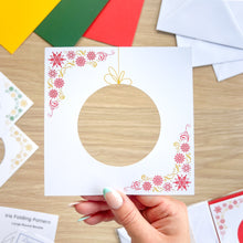 Load image into Gallery viewer, *New Revised Edition* Decorative Bauble Aperture Card (Pack of 3) | 3 x Square White Decorated Round Apertures, Coloured Card Blanks &amp; White Envelopes
