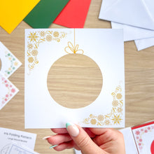 Load image into Gallery viewer, *New Revised Edition* Decorative Bauble Aperture Card (Pack of 3) | 3 x Square White Decorated Round Apertures, Coloured Card Blanks &amp; White Envelopes
