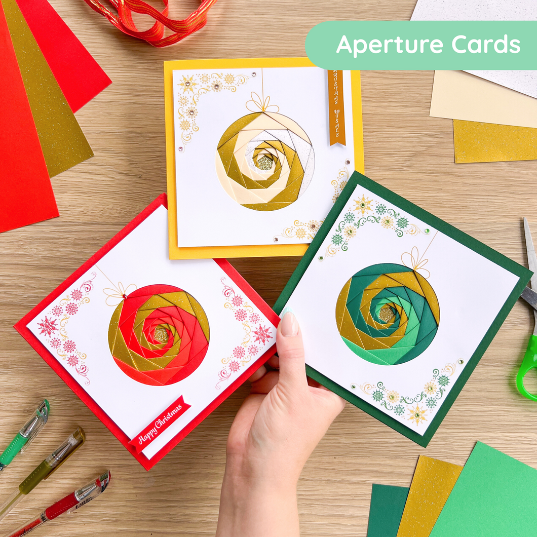 *New Revised Edition* Decorative Bauble Aperture Card (Pack of 3) | 3 x Square White Decorated Round Apertures, Coloured Card Blanks & White Envelopes