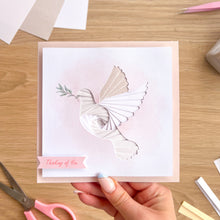 Load image into Gallery viewer, iris fold dove card embellished with 'thinking of you' text
