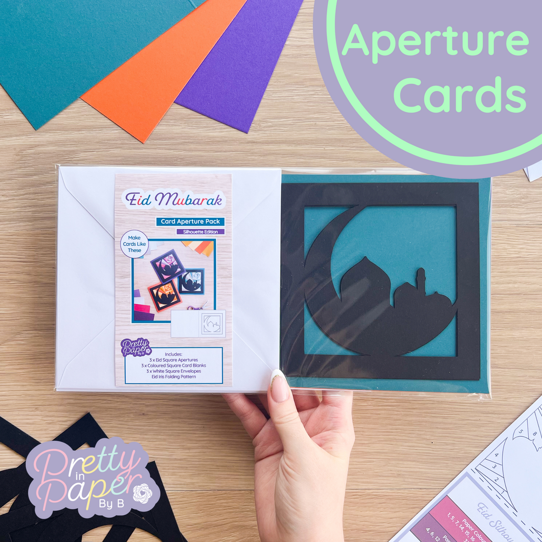 Eid Mubarak Silhouette Aperture Card Pack with matching iris folding pattern