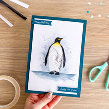 Load image into Gallery viewer, Emperor Penguin Aperture Card (Pack of 3) | 3 x A5 PRINTED Apertures, Coloured Card Blanks &amp; White Envelopes | Christmas
