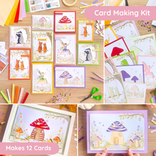 Load image into Gallery viewer, A collage showing a card making kit with illustrated cards featuring toadstool houses, forest animals, and fairies, along with craft supplies like scissors, coloured card, and paper on a wooden table. Text overlays read 'Card Making Kit' and 'Makes 12 Cards'.
