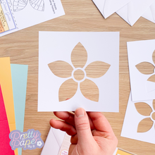 Load image into Gallery viewer, Flower Petal Aperture Card (Pack of 3) | 3 x Square White Apertures, Coloured Card Blanks &amp; White Envelopes
