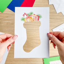 Load image into Gallery viewer, Fluffy Stocking Aperture Card (Pack of 3) | 3 x A5 PRINTED Apertures, Coloured Card Blanks &amp; White Envelopes | Christmas
