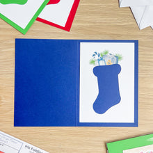 Load image into Gallery viewer, Fluffy Stocking Aperture Card (Pack of 3) | 3 x A5 PRINTED Apertures, Coloured Card Blanks &amp; White Envelopes | Christmas
