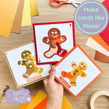 Load image into Gallery viewer, Three iris fold gingerbread men christmas cards made with the aperture card pack
