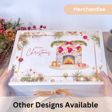 Load image into Gallery viewer, Large Gift Box with Gold Ribbon and Christmas Fireplace design and &#39;Merry Christmas greeting&#39;
