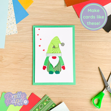 Load image into Gallery viewer, Iris Fold Gonk Card Aperture in Green with small red heart embellishments
