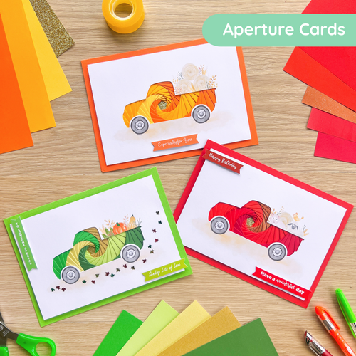 Iris Folding harvest truck cards made with the aperture pack