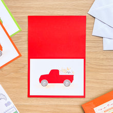 Load image into Gallery viewer, Harvest Truck Printed Aperture Card (Pack of 3) | 3 x Apertures, Coloured Card Blanks &amp; Envelopes | Autumn Fall Wagon Vehicle
