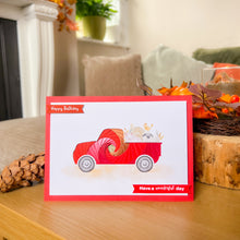 Load image into Gallery viewer, Harvest Truck Printed Aperture Card (Pack of 3) | 3 x Apertures, Coloured Card Blanks &amp; Envelopes | Autumn Fall Wagon Vehicle
