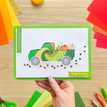 Load image into Gallery viewer, Harvest Truck Printed Aperture Card (Pack of 3) | 3 x Apertures, Coloured Card Blanks &amp; Envelopes | Autumn Fall Wagon Vehicle
