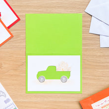 Load image into Gallery viewer, Harvest Truck Printed Aperture Card (Pack of 3) | 3 x Apertures, Coloured Card Blanks &amp; Envelopes | Autumn Fall Wagon Vehicle

