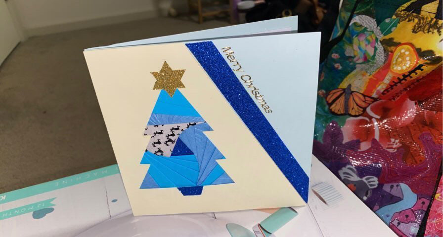 Blue iris folding Christmas Tree card with happy christmas text