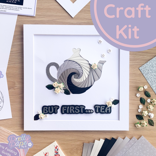 Iris folding tea pot craft kit wall art in silver grey