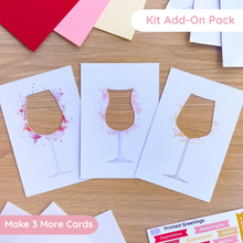 Load image into Gallery viewer, Three card templates with wine glass designs on a wooden surface, labeled 'Kit Add-On Pack' and 'Make 3 More Cards'.
