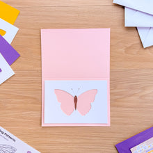 Load image into Gallery viewer, butterfly aperture on pink card blank
