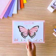 Load image into Gallery viewer, Iris fold emperor butterfly greeting card made in pink, white and black papers with resin flower embellishments
