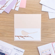 Load image into Gallery viewer, Long-tailed tit aperture cut-out on blush pink card blank

