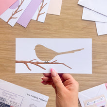 Load image into Gallery viewer, long-tailed tit aperture cut-out with printed watercolour branch embellishment
