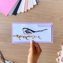 Load image into Gallery viewer, Long-tailed tit iris fold greeting card with resin flower embellishments and 'Have a lovely birthday' greeting
